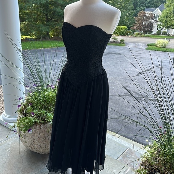 Vintage Lace Chiffon Black Strapless Dress Sz7-8 - Picture 7 of 13